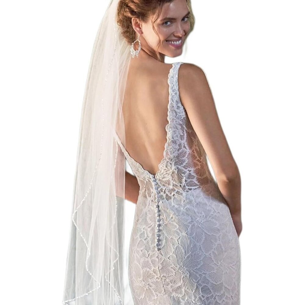 Wedding Veil Pearl and Crystal Beaded Edge Fingertip Length Bridal Veil